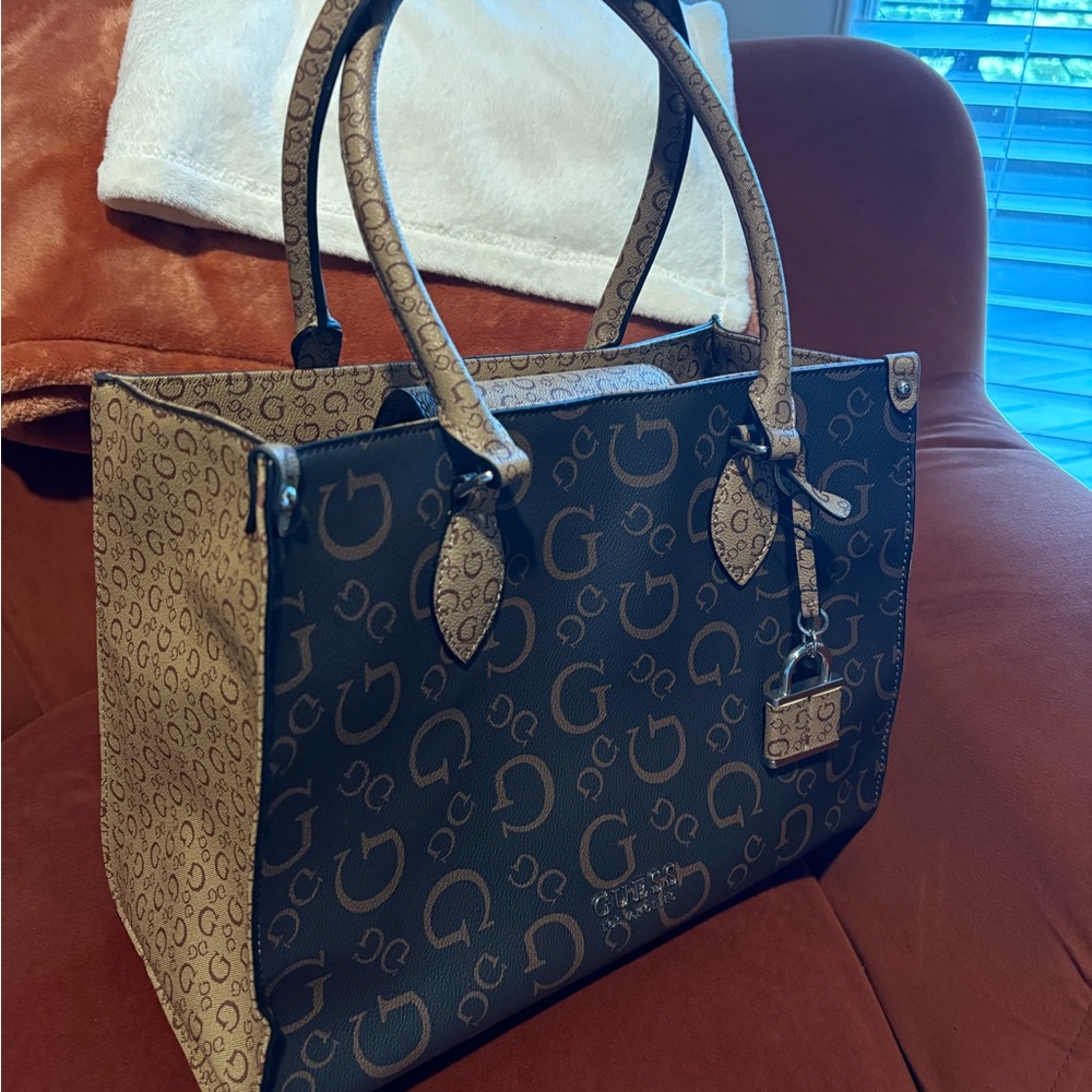 Brown and Tan GUESS Tote Bag